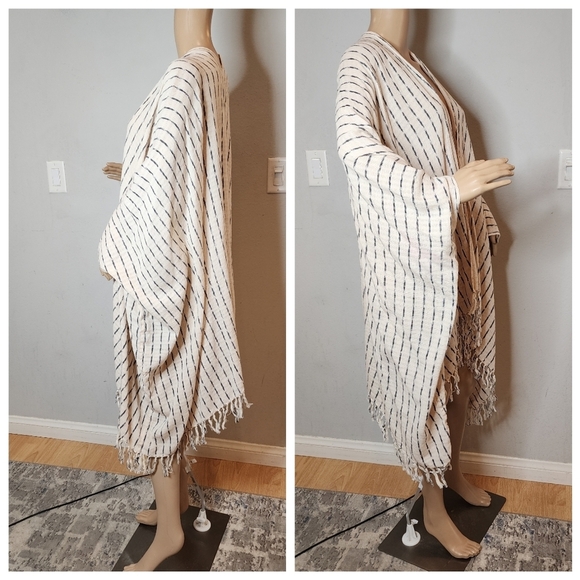 Ketza Guatemala Cotton Woven Cream Stripe Open Front Fringe Kimono One Size - Picture 7 of 16